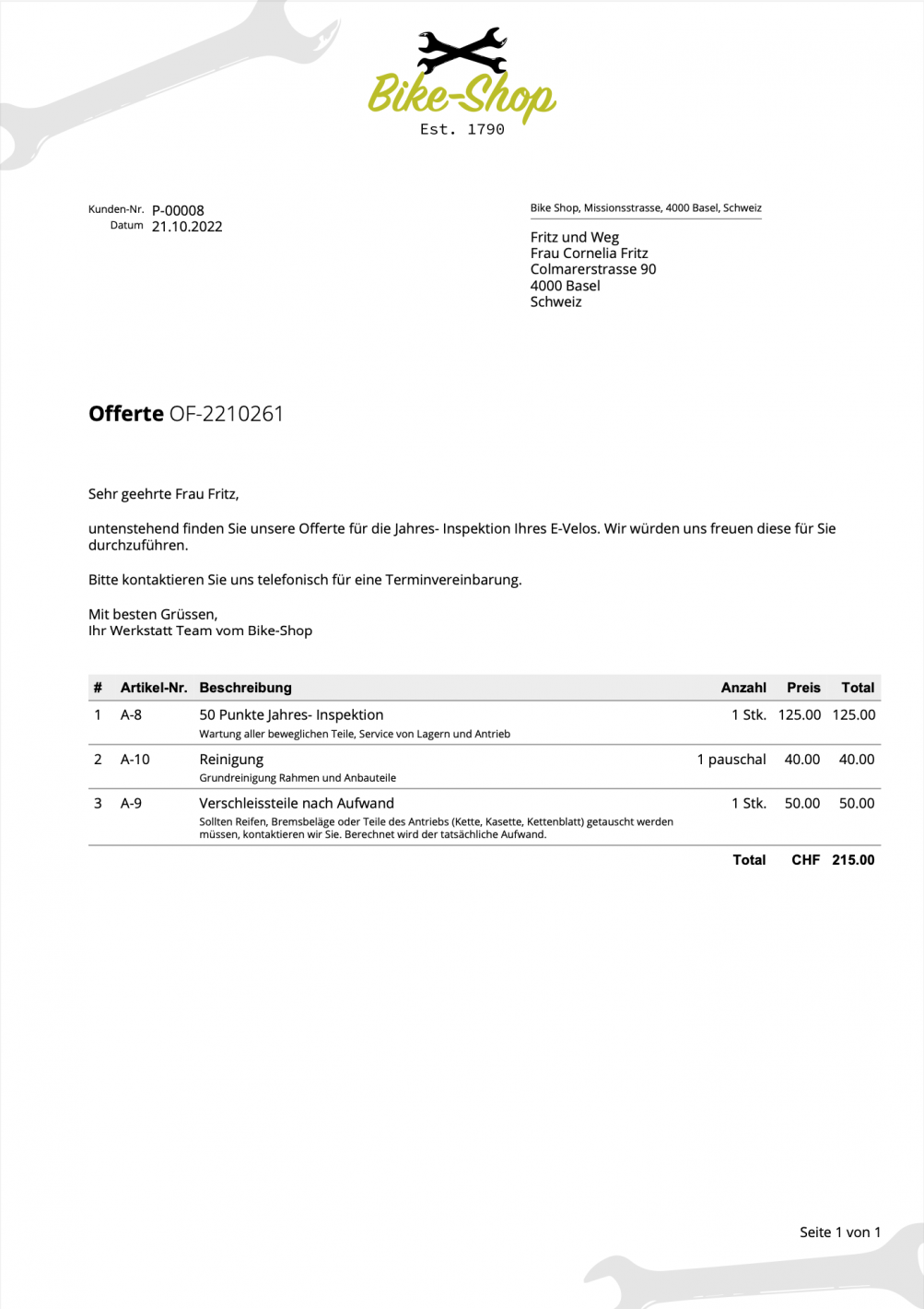 Screenshot of a custom quotation layout created in CashCtrl for a bike shop