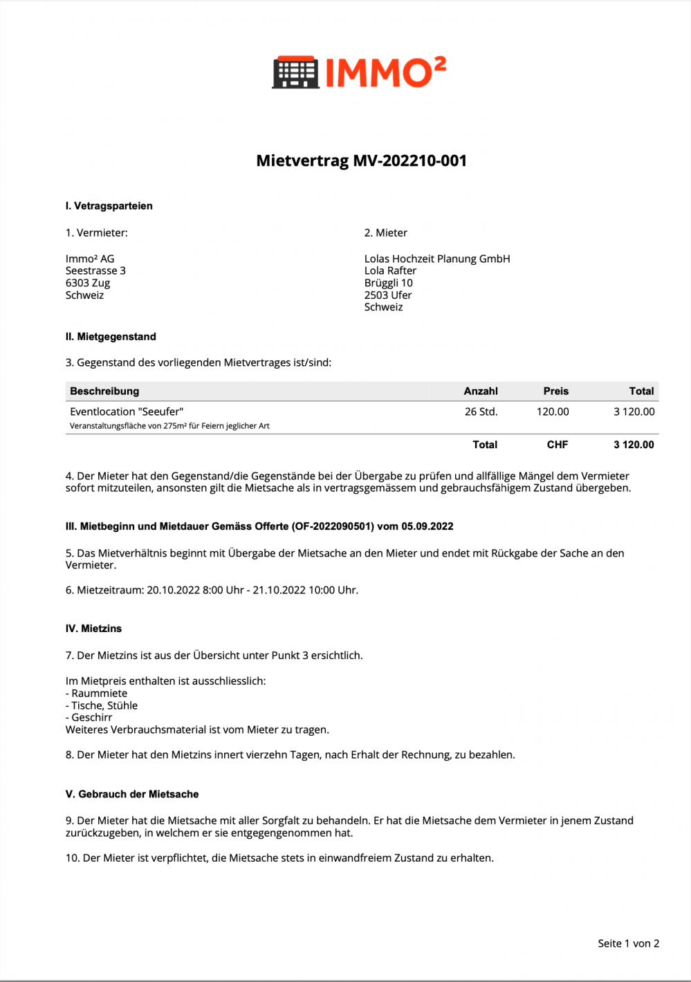 Screenshot of a rental agreement from CashCtrl for a real estate company