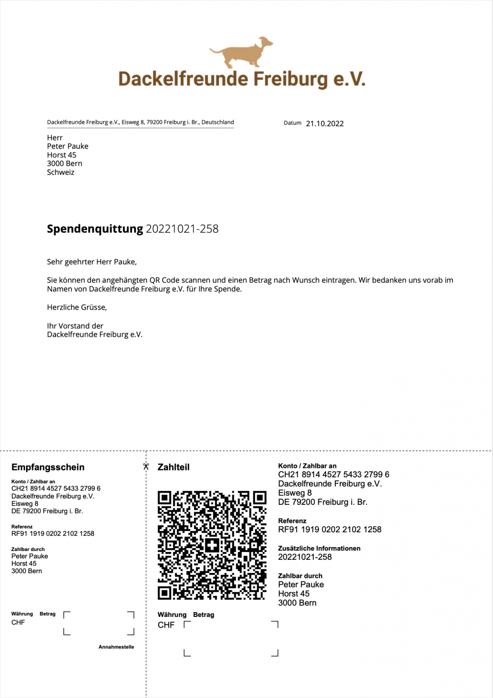 Screenshot of a donation receipt from CashCtrl for a club