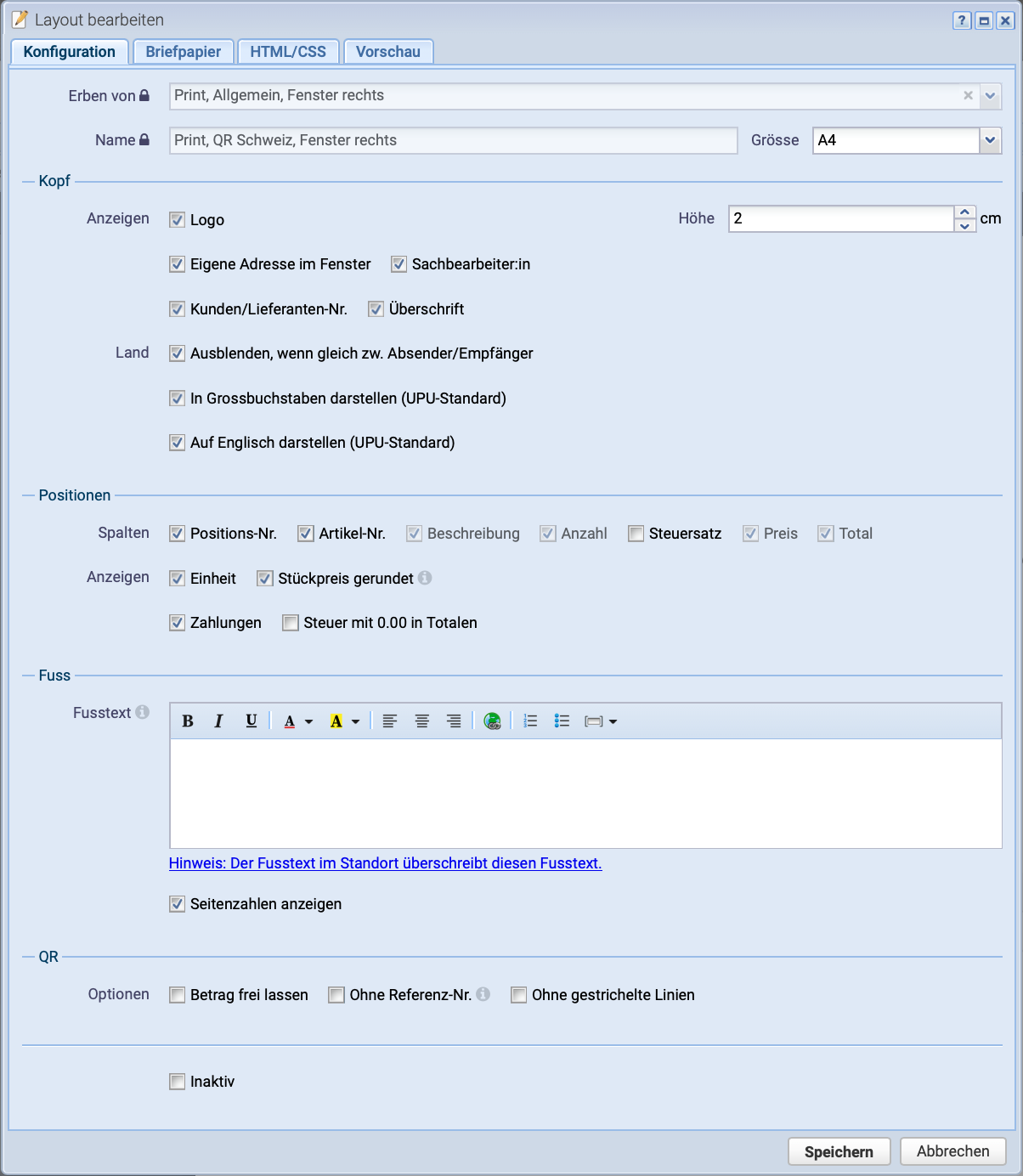 Screenshot der Konfiguration der Layouts