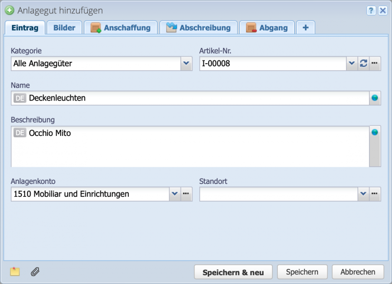 Screenshot of the creation of a fixed asset in CashCtrl