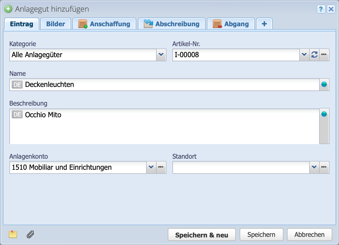 Screenshot of the entry of a fixed asset