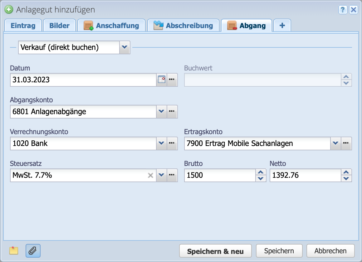Screenshot of the entry of an asset with the Disposal tab
