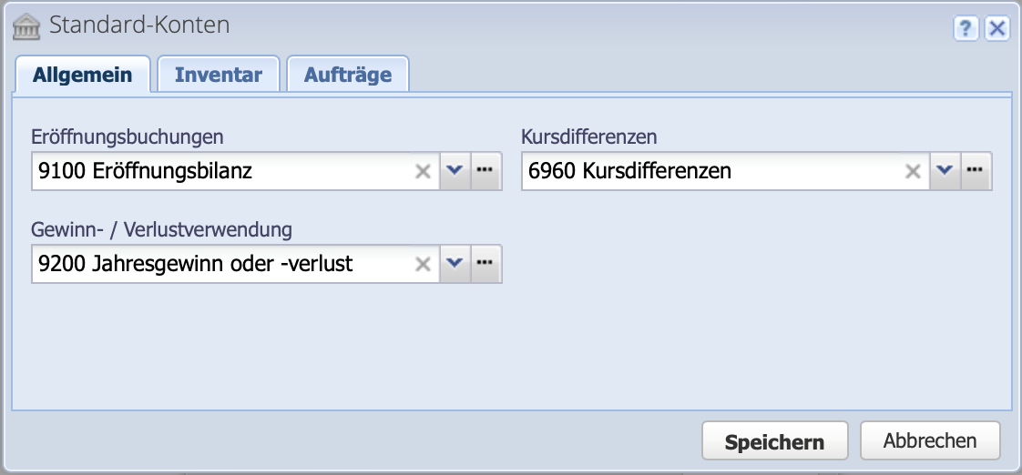Screenshot der Einstellungen der Standardkonten zur Konfiguration des Kursdifferenzen Kontos