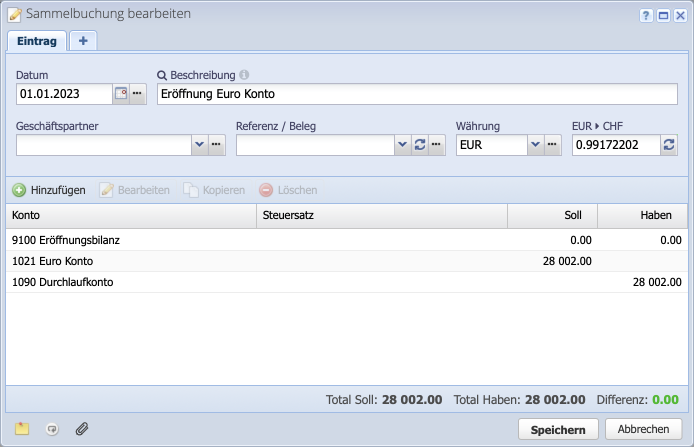 Screenshot der Eröffnungbuchung für ein Fremdwährungskonto