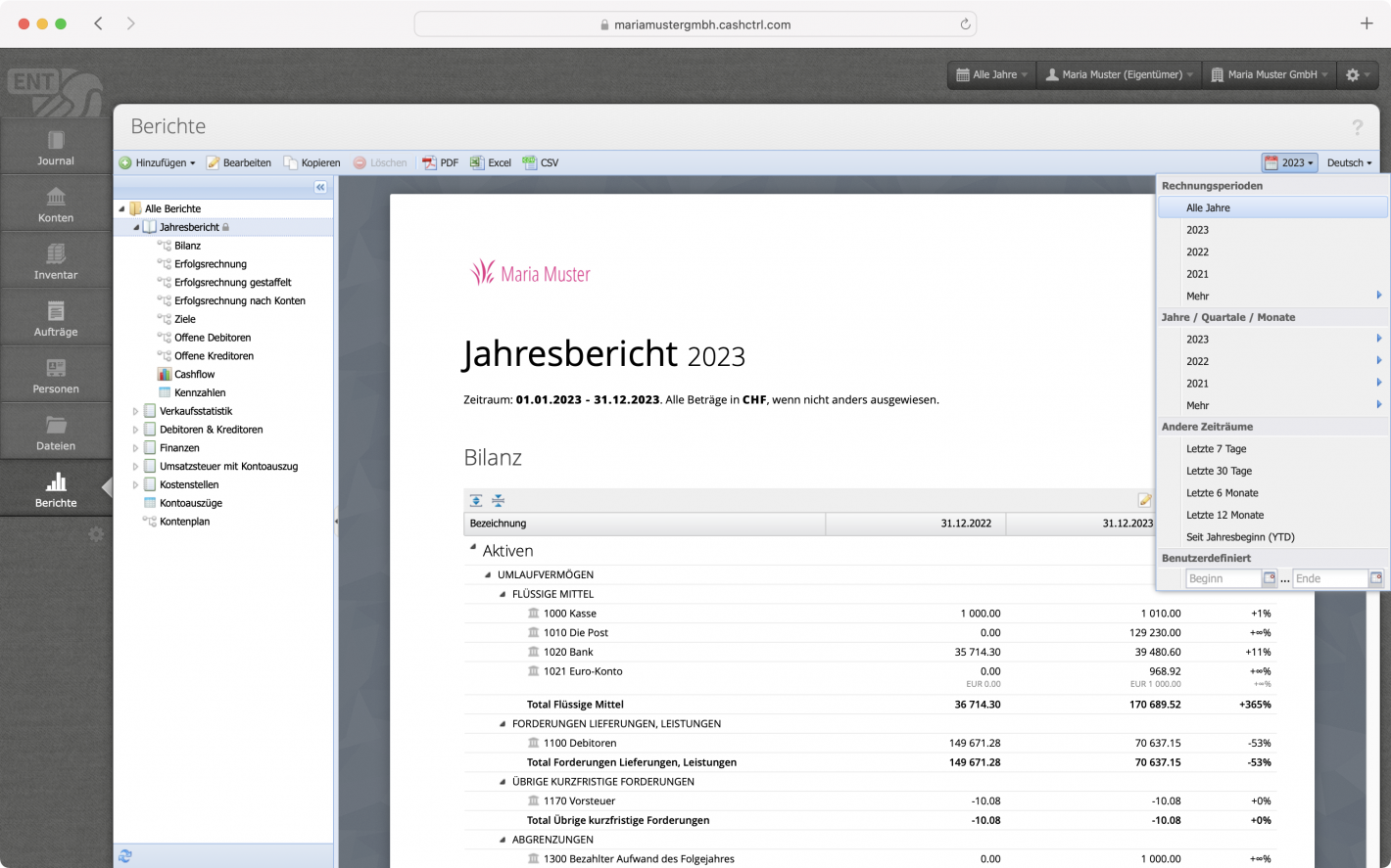 Screenshot reports with annual report and selection of the period