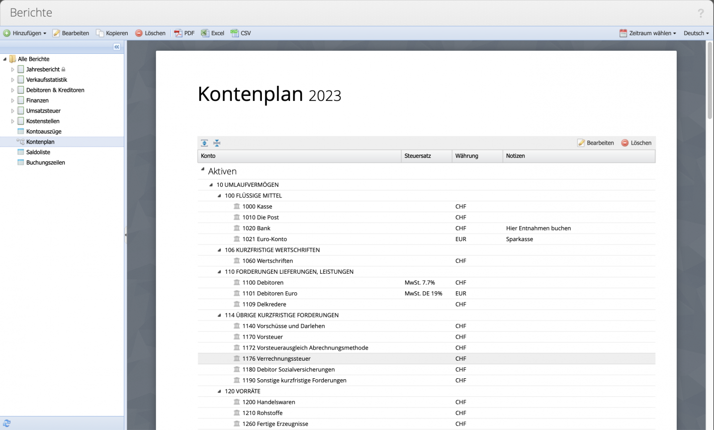 Screenshot reports with chart of accounts
