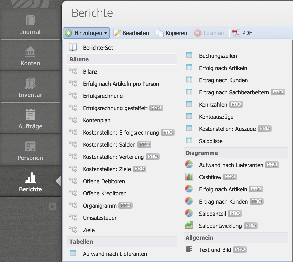 Screenshot of the dropdown menu for adding a new report