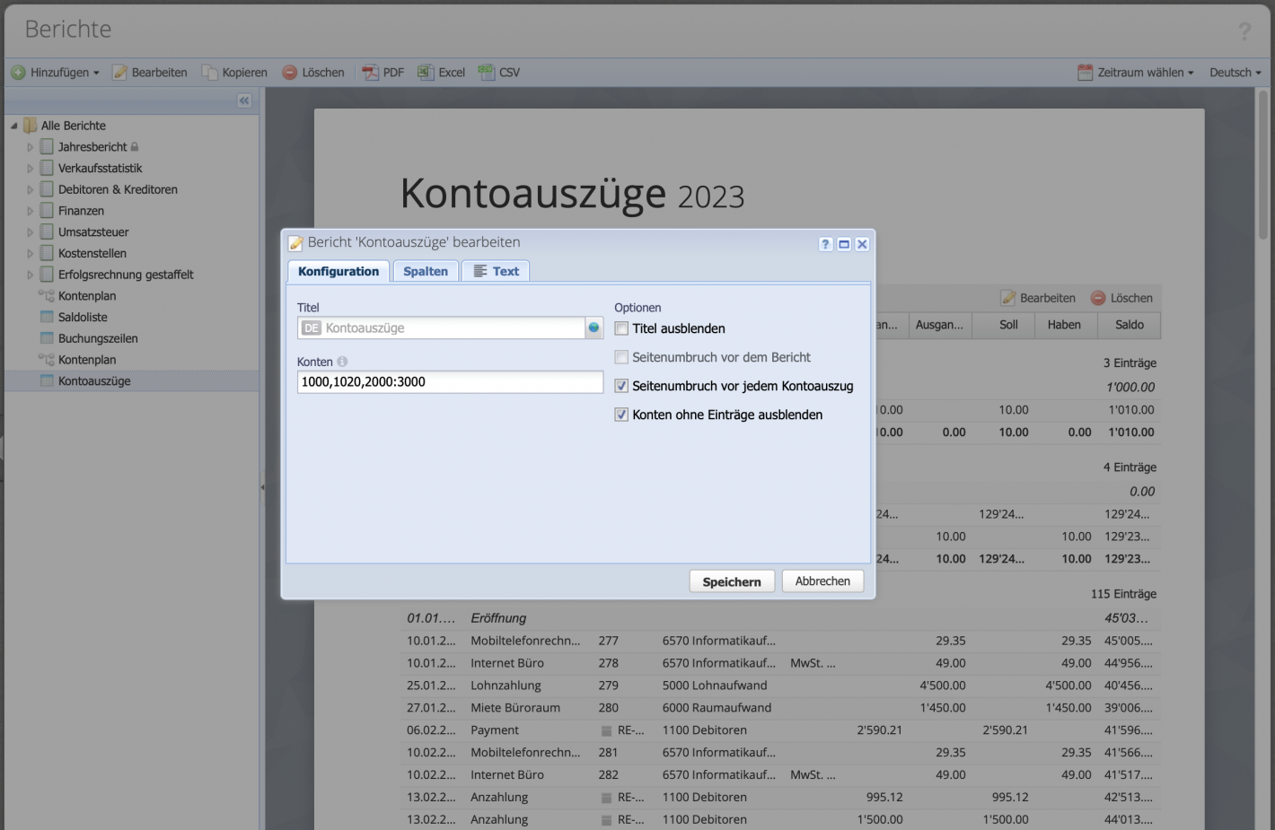 Account statements screenshot from CashCtrl