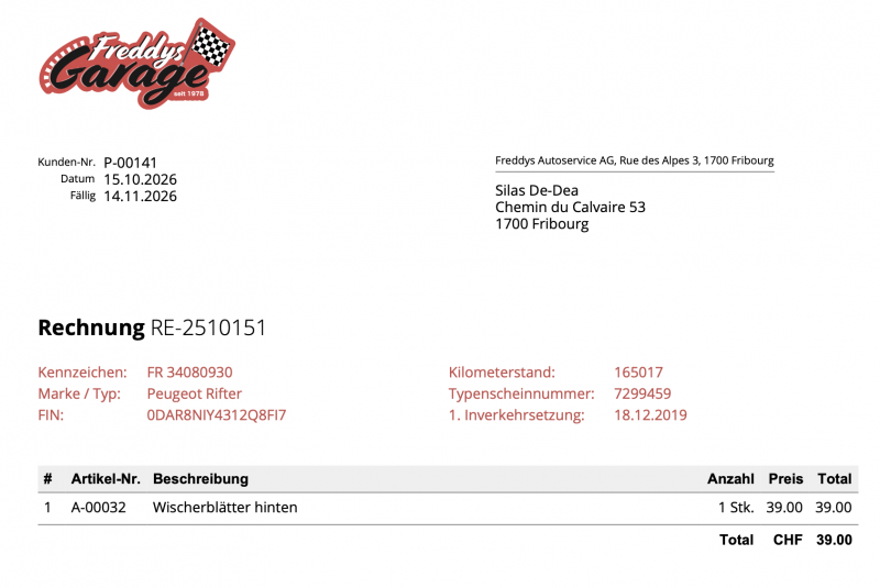 Screenshot einer Garagen Rechnung mit Zusatzfeldern