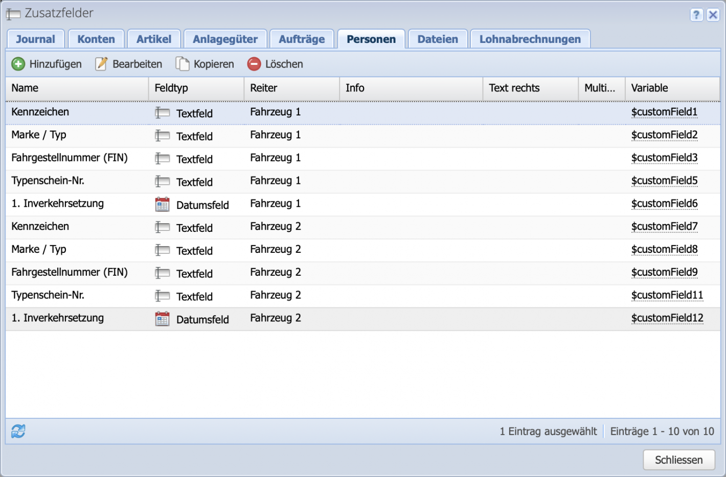 Screenshot des Zusatzfeld Dialogs