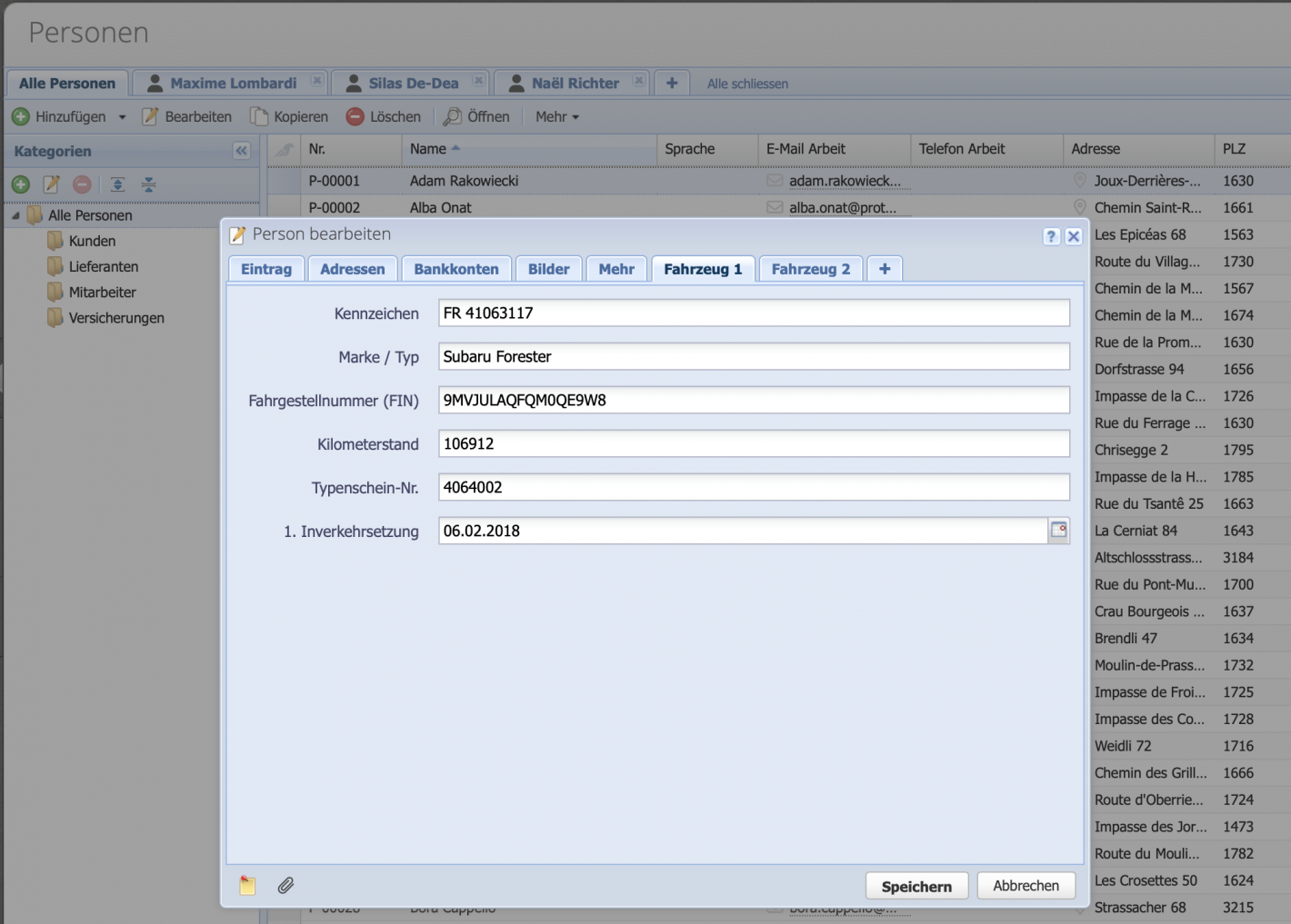 Screenshot des Personen Bearbeiten Dialogs mit dem Reiter Fahrzeug 1