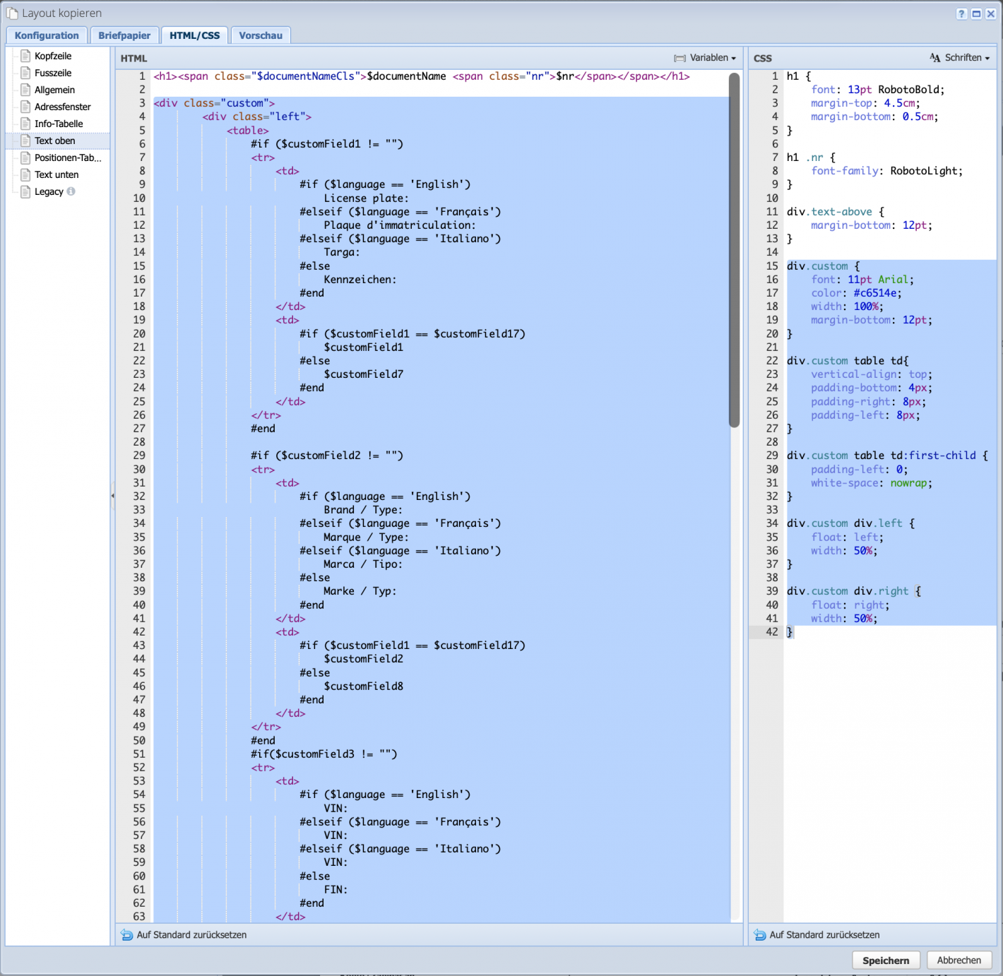 Screenshot des Layout Dialogs wo das custom HTML / CSS eingef&uuml;gt wird f&uuml;r die Zusatzfelder