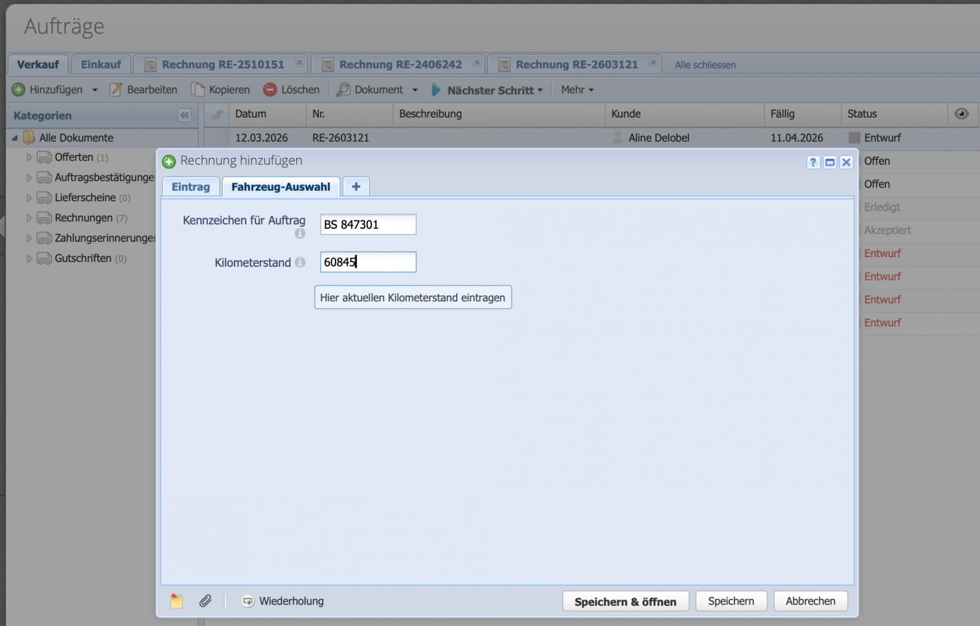 Screenshot des Auftrag Hinzuf&uuml;gen Dialogs wo im Reiter Fahrzeug Wahl das Kennzeichen f&uuml;r den Auftrag eingegeben wird