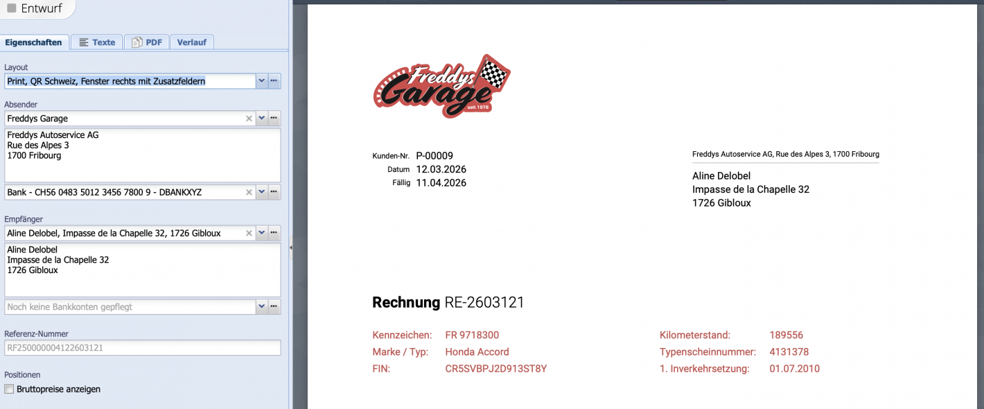 Screenshot einer Auftragsvorschau mit den eingeblendeten Zusatzfeldern