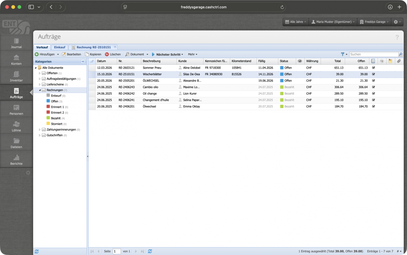 Screenshot der Auftrags&uuml;bersicht mit eingeblendeten Zusatzfeldern