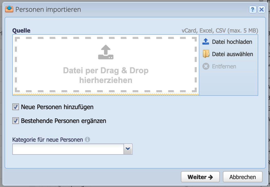 Screenshot of the import dialog for importing contacts or articles