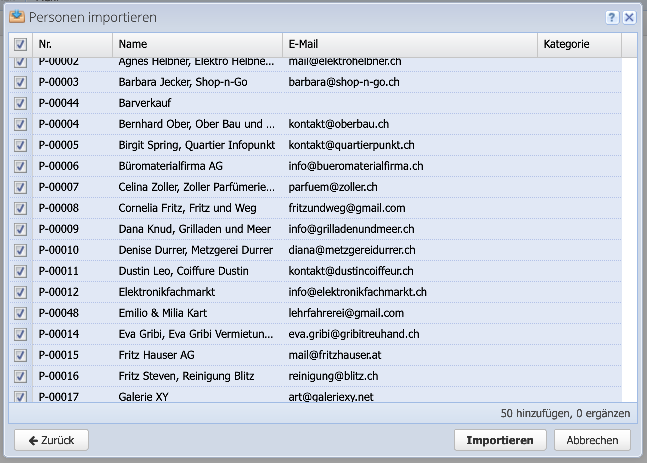 Screenshot of the import dialog for contact imports