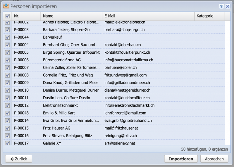 Screenshot of the preview of which contacts have been selected for importing