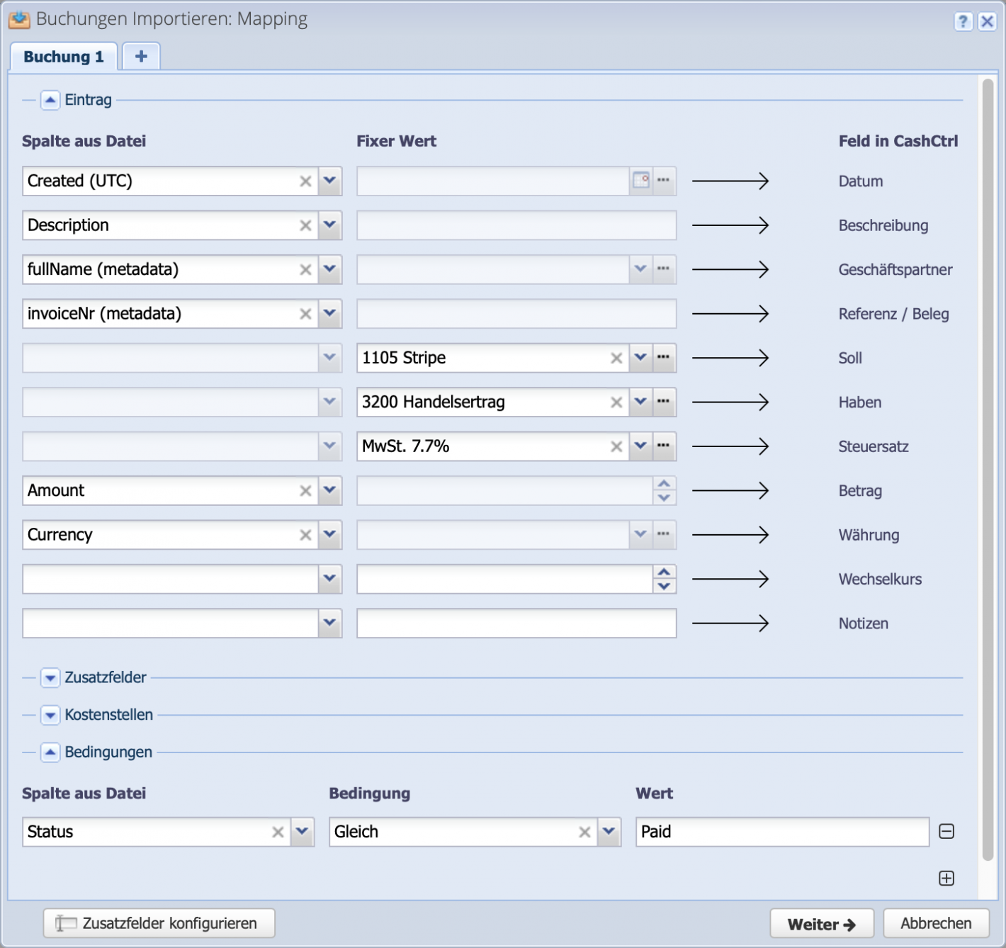 Screenshot of the import of stripe transaction data into CashCtrl
