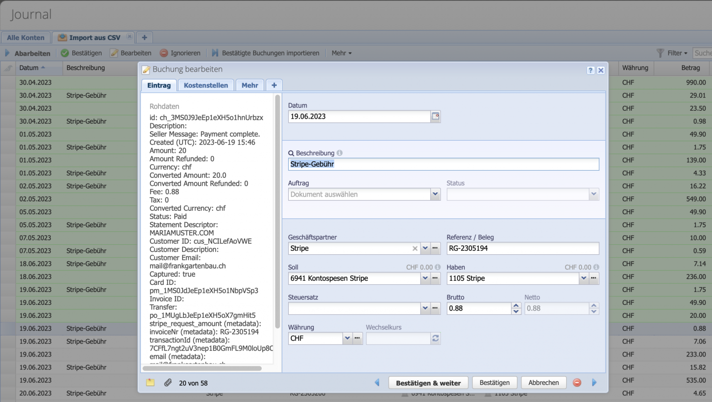 Screenshot of the import session with a booking in edit mode for control purposes
