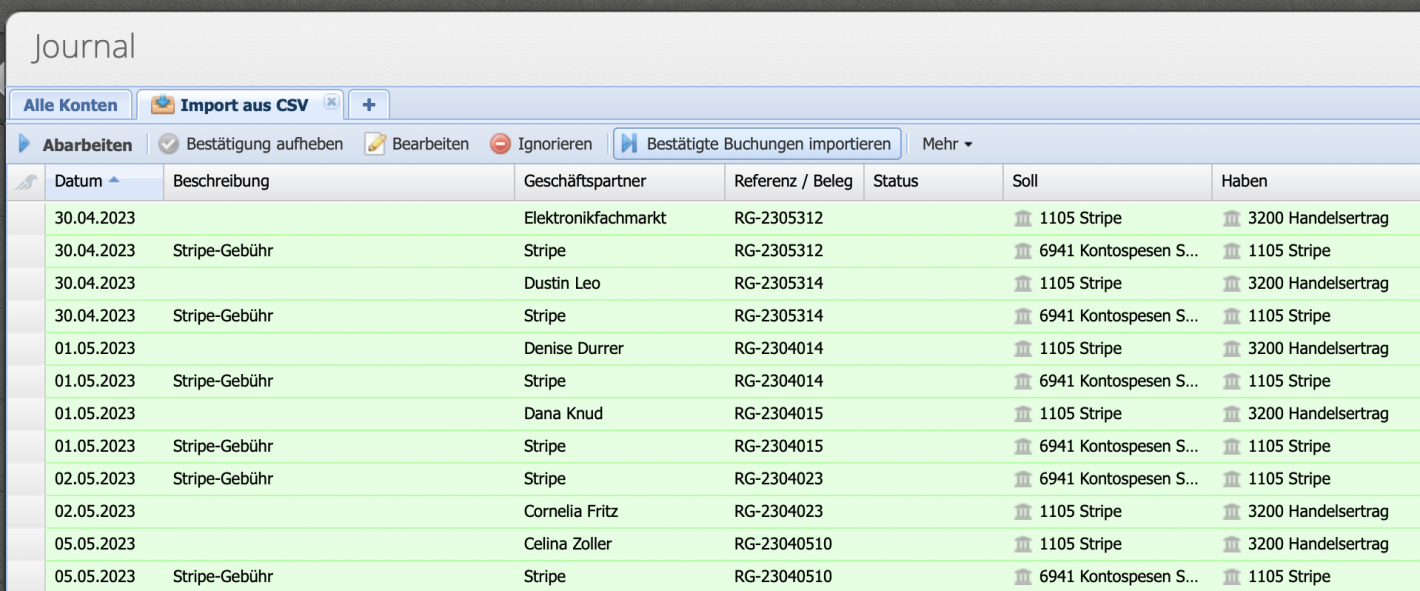 Screenshot of the import button and green highlighted confirmed bookings