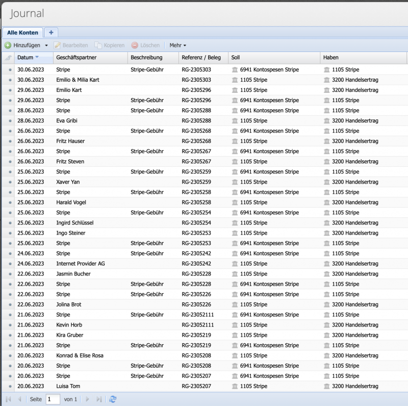 Screenshot von importierten stripe Buchungen