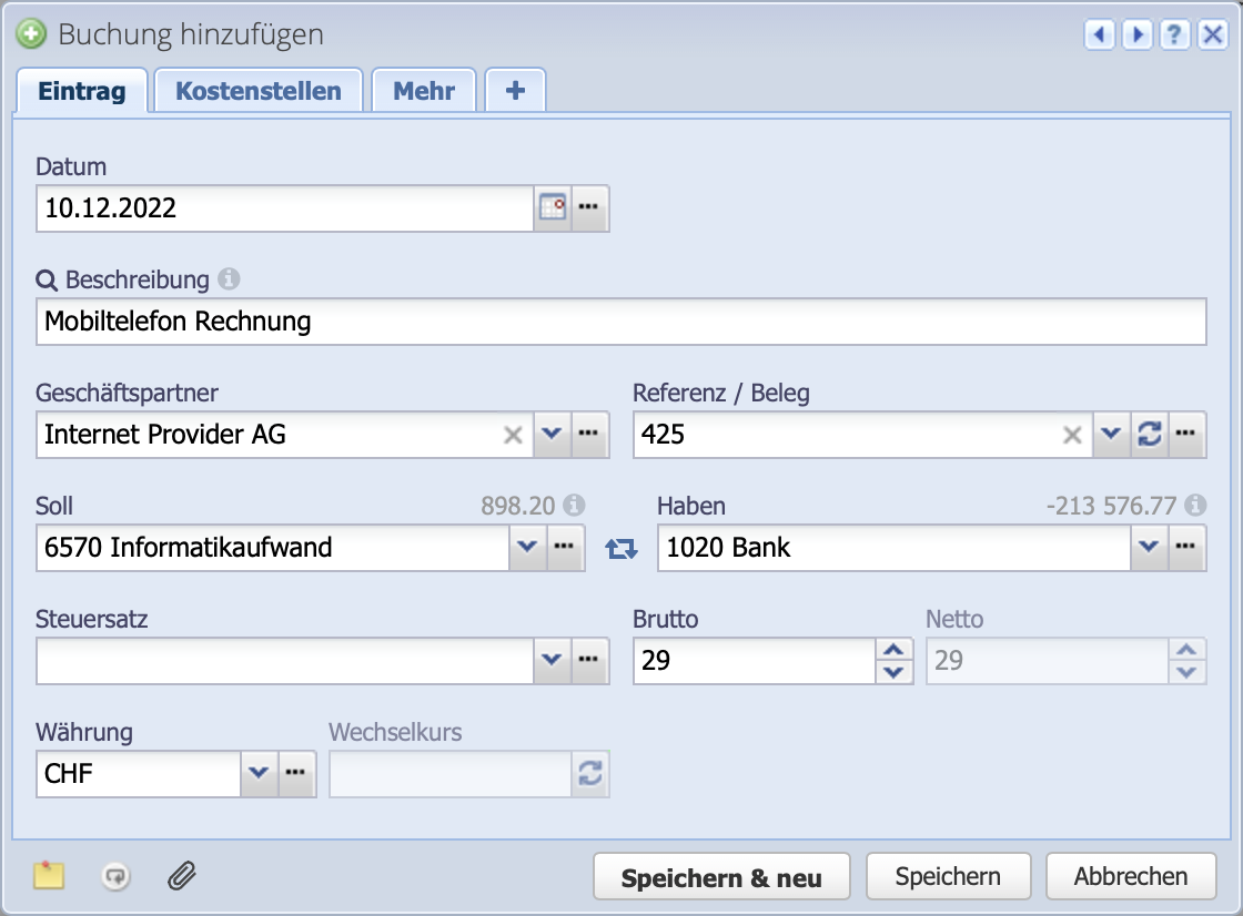 Screenshot des Buchungsfensters