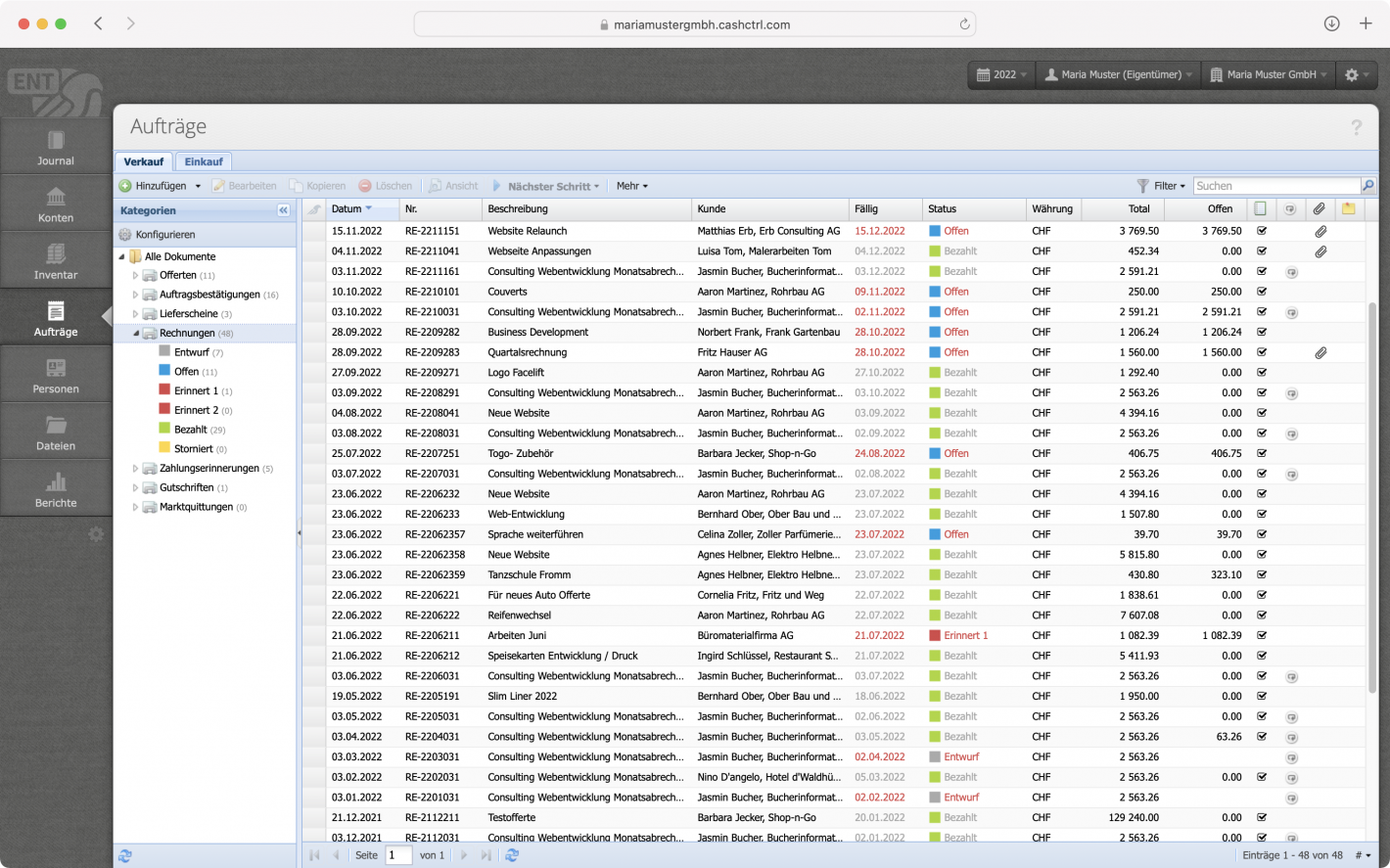 Screenshot der Auftragsübersicht in CashCtrl