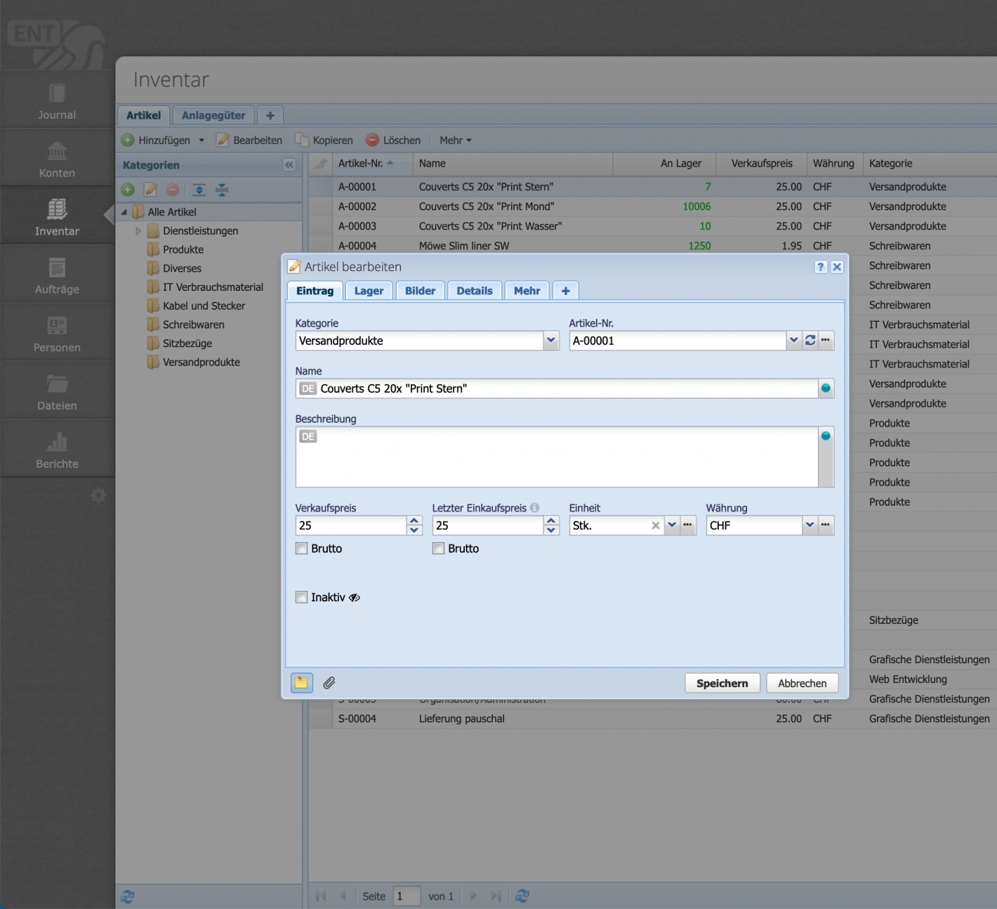 Screenshot des Inventar Moduls mit ge&ouml;ffnetem Bearbeiten Dialog f&uuml;r Artikel