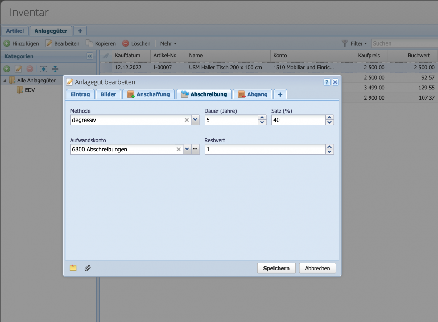 Screenshot eines Anlageguts mit dem Tab Abschreibung