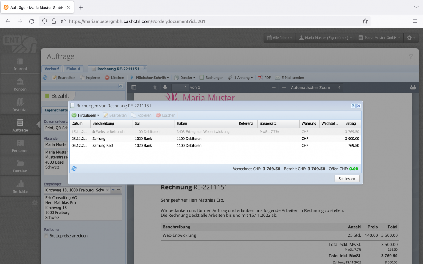 Screenshot of the draft document with the opened booking overview