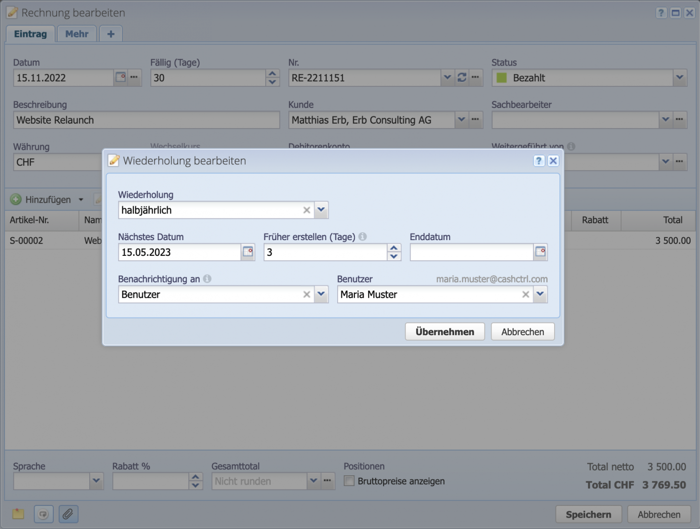 Screenshot of the "Recurrence dialog" of an invoice