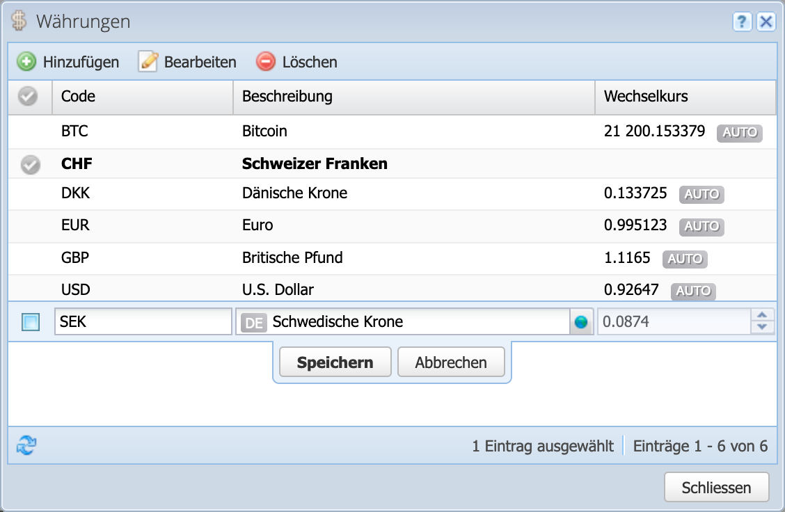 Screenshot der W&auml;hrungseinstellungen
