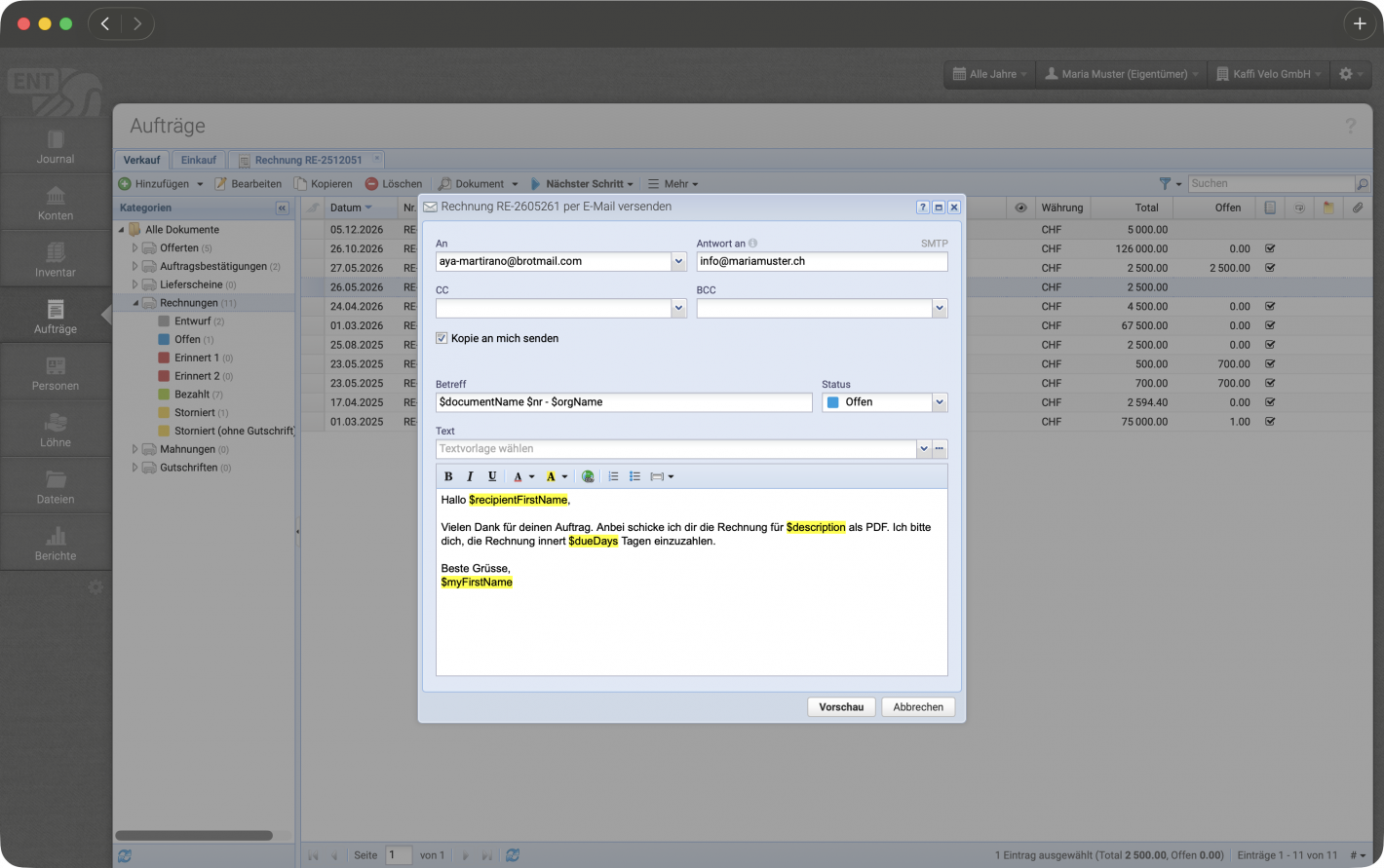 Screenshot of sending a document by mail from CashCtrl