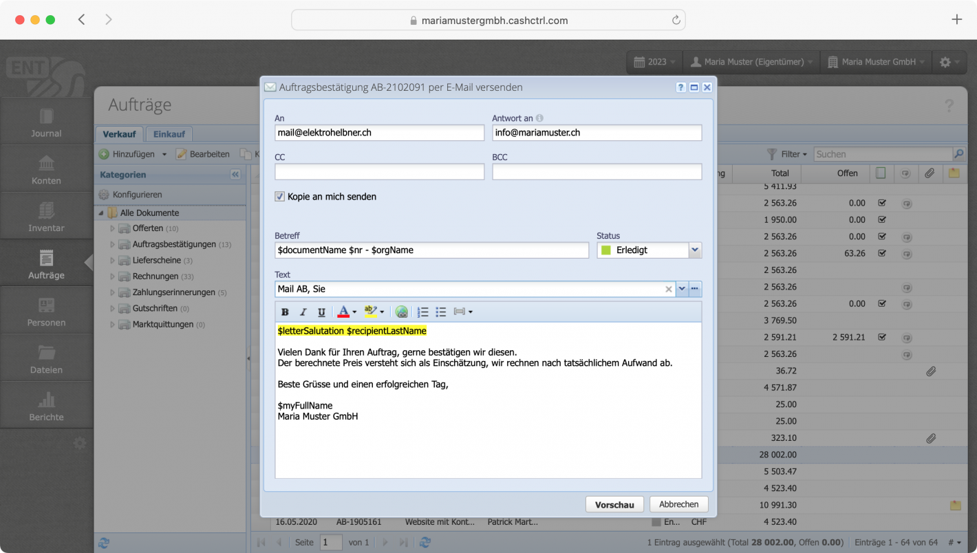Screenshot des Mailversands eines Dokuments aus CashCtrl