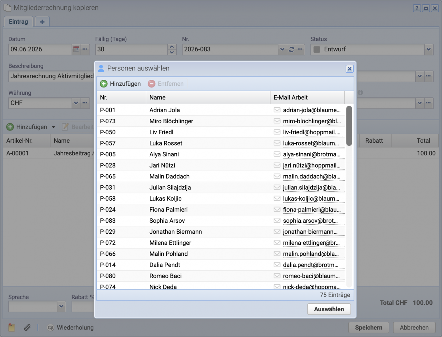 Screenshot of sending a document by mail to several recipients at once