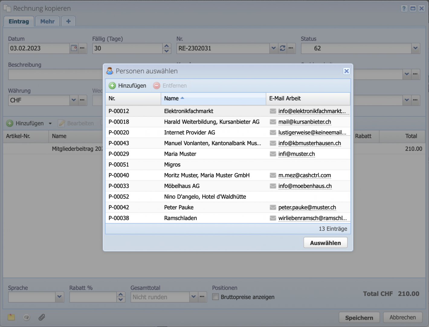 Screenshot des Mailversands eines Dokuments an mehrere Empf&auml;nger gleichzeitig