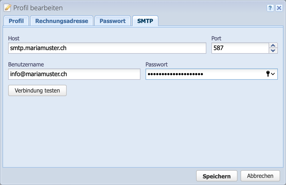 Screenshot der Einrichtung des SMTP Servers f&uuml;r den Mailversand in CashCtrl