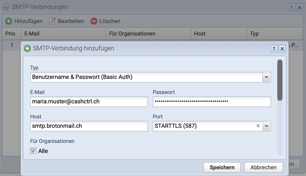 Screenshot of the SMTP server setup for sending mail in CashCtrl.