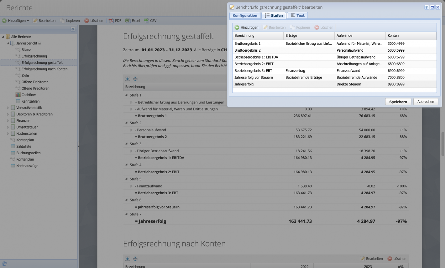 Screenshot of the staggered income statement report with configuration window