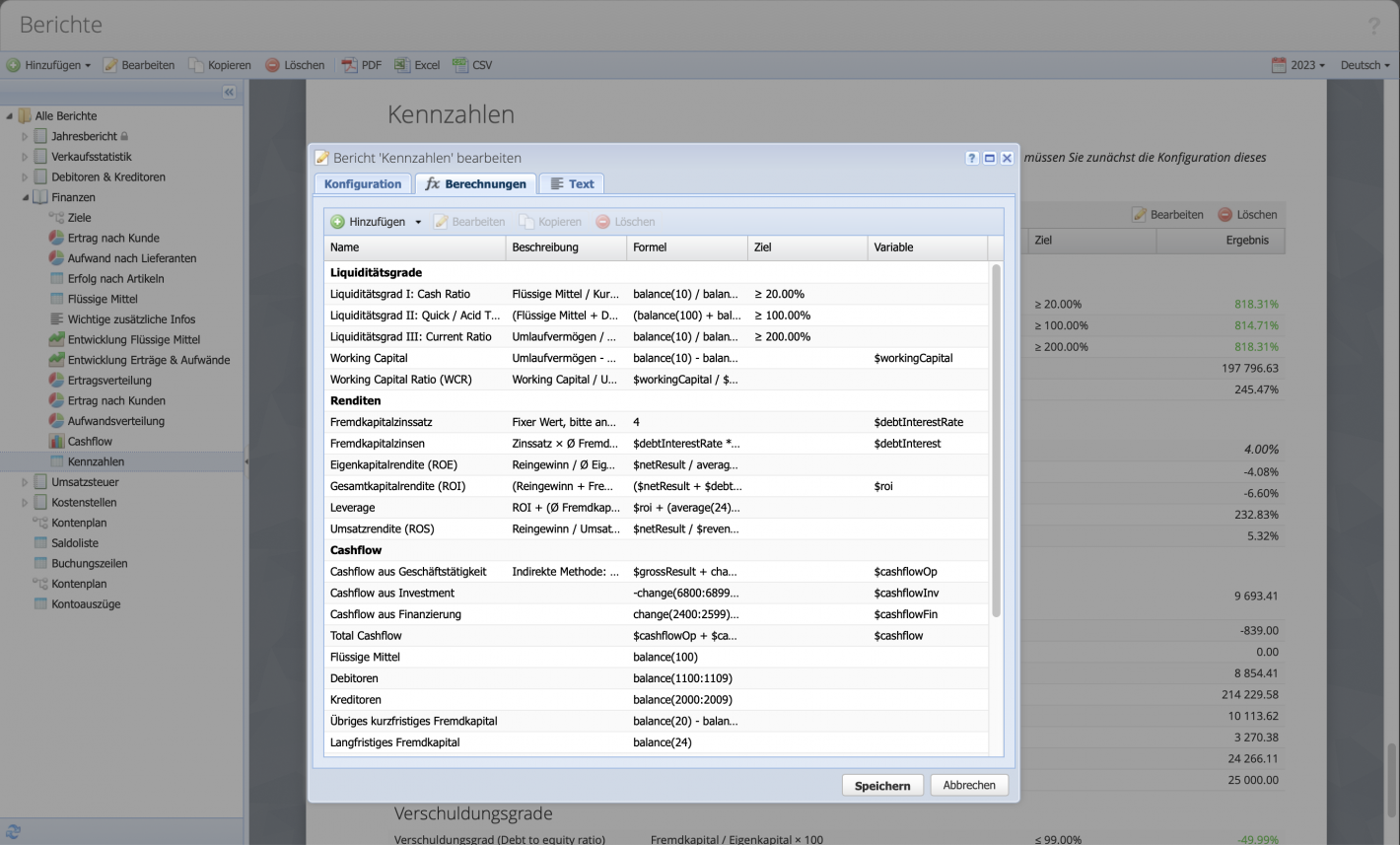 Screenshot of the key figures report