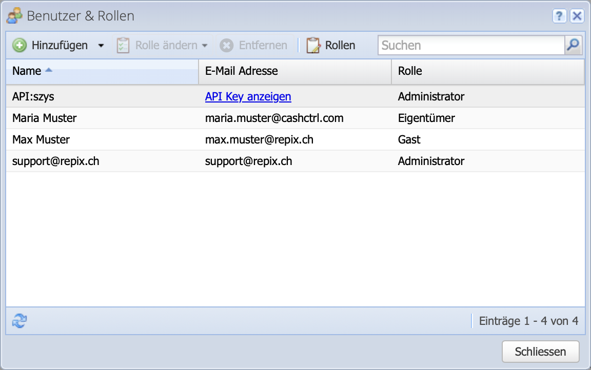 Screenshot of the user management in CashCtrl