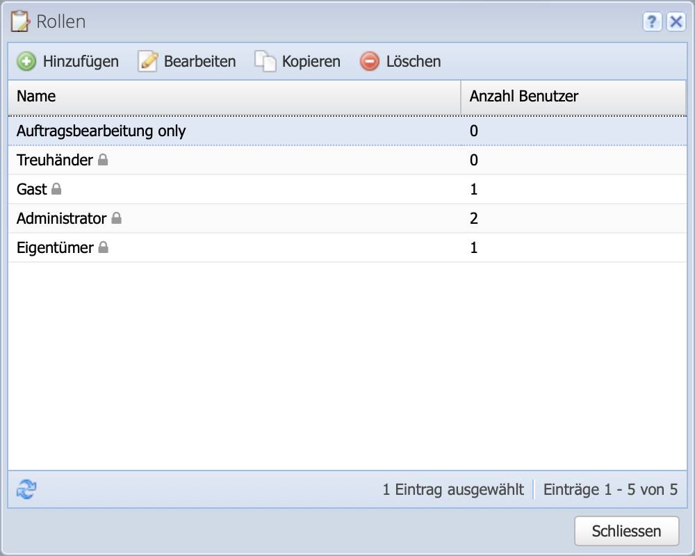 Screenshot of the role administration