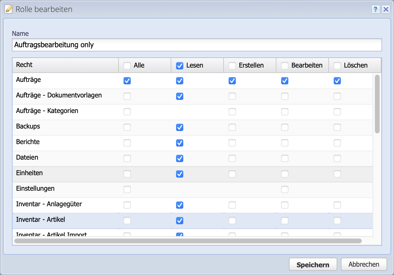 Screenshot of the roles editing