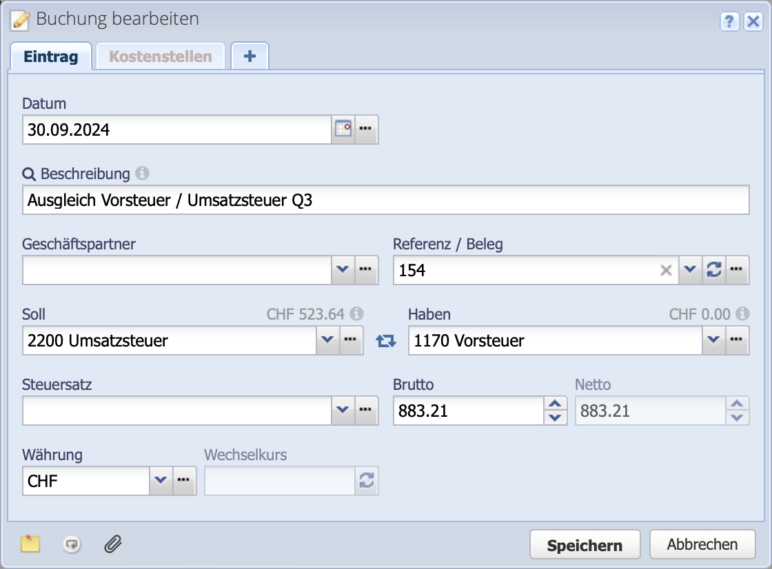 Screenshot of the transfer from the input tax account to the VAT account