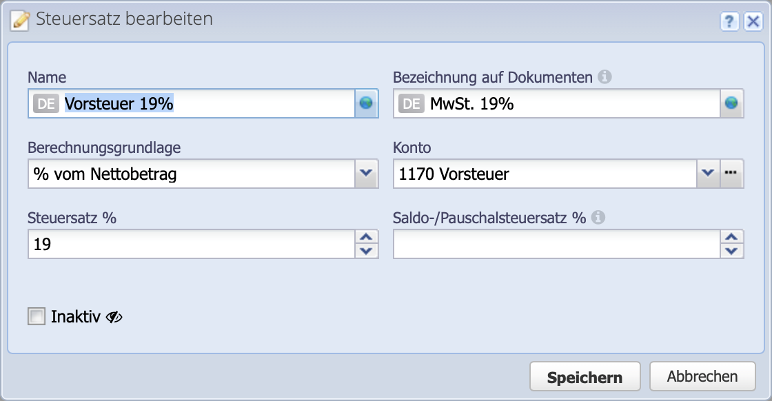 Screenshot of the tax rate edit dialog
