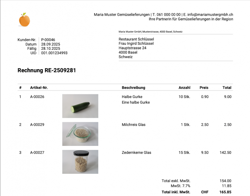 Screenshot of an invoice with item images in CashCtrl