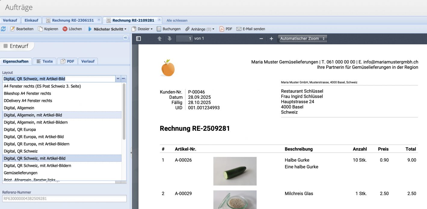 Screenshot of the document preview with the selection of layouts