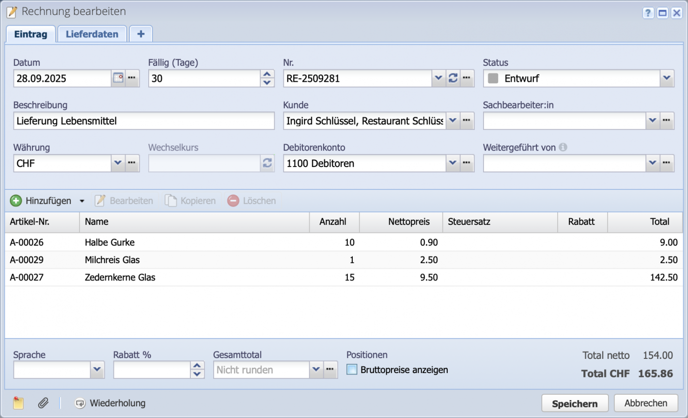 Screenshot invoice dialog with individual positions